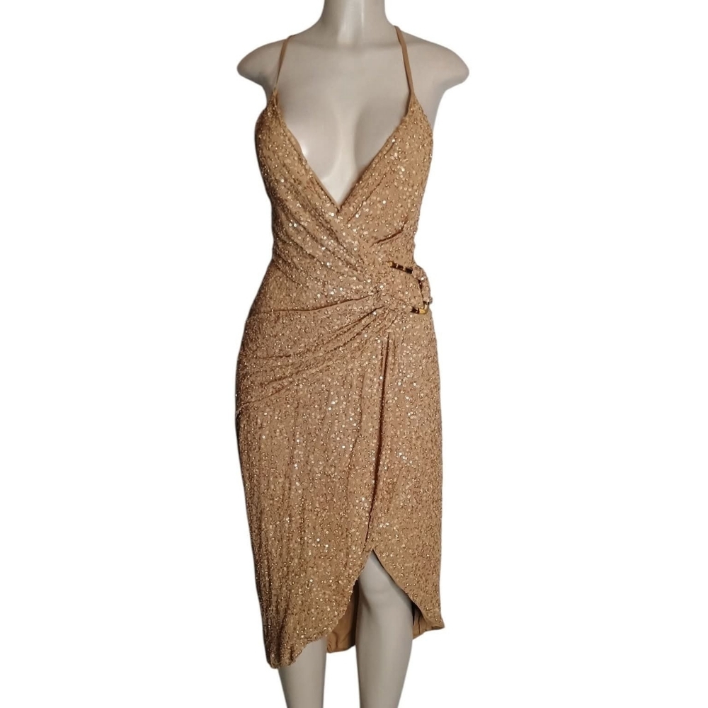 ASOS Gold Beaded Semi Faux Wrap Side Draped Criss Cross Adjustable Straps